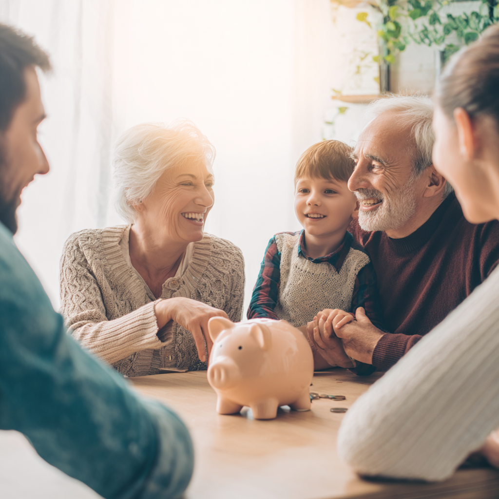 Family sitting round a table with a piggy bank